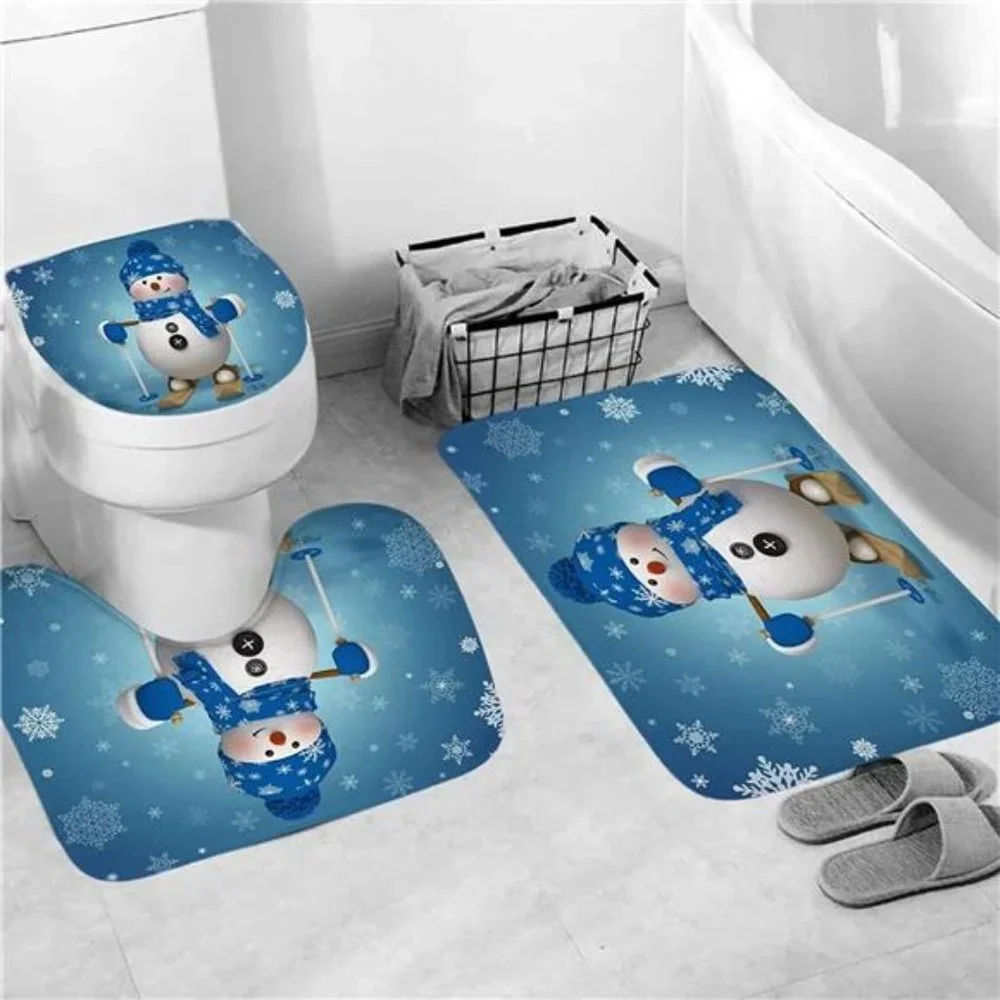 4Pcs Christmas Snowman Shower Curtain Sets Winter Snowflake w/ 12 Hooks, 70.8×7